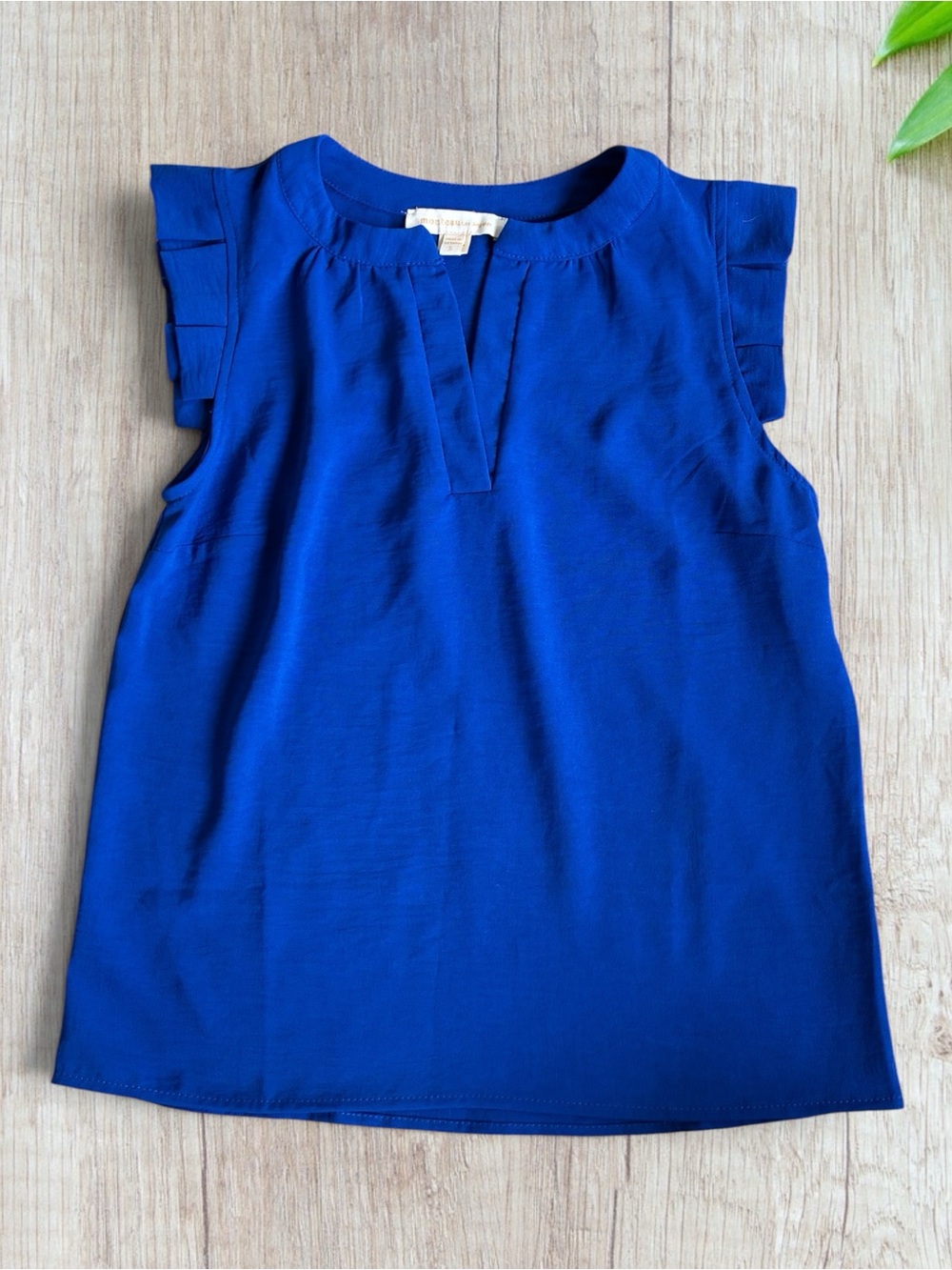 Monteau Los Angeles Ruffle Cap-Sleeve Split-Neck Blouse in Cobalt Blue Size S